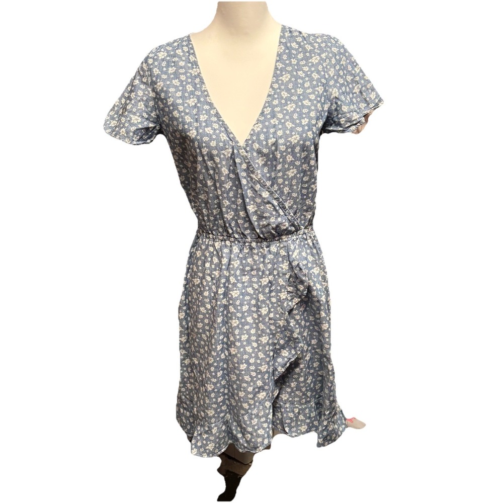 J. Crew Mercantile Floral Printed Chambray Faux Wrap Ruffle Dress Size XS - Picture 6 of 8